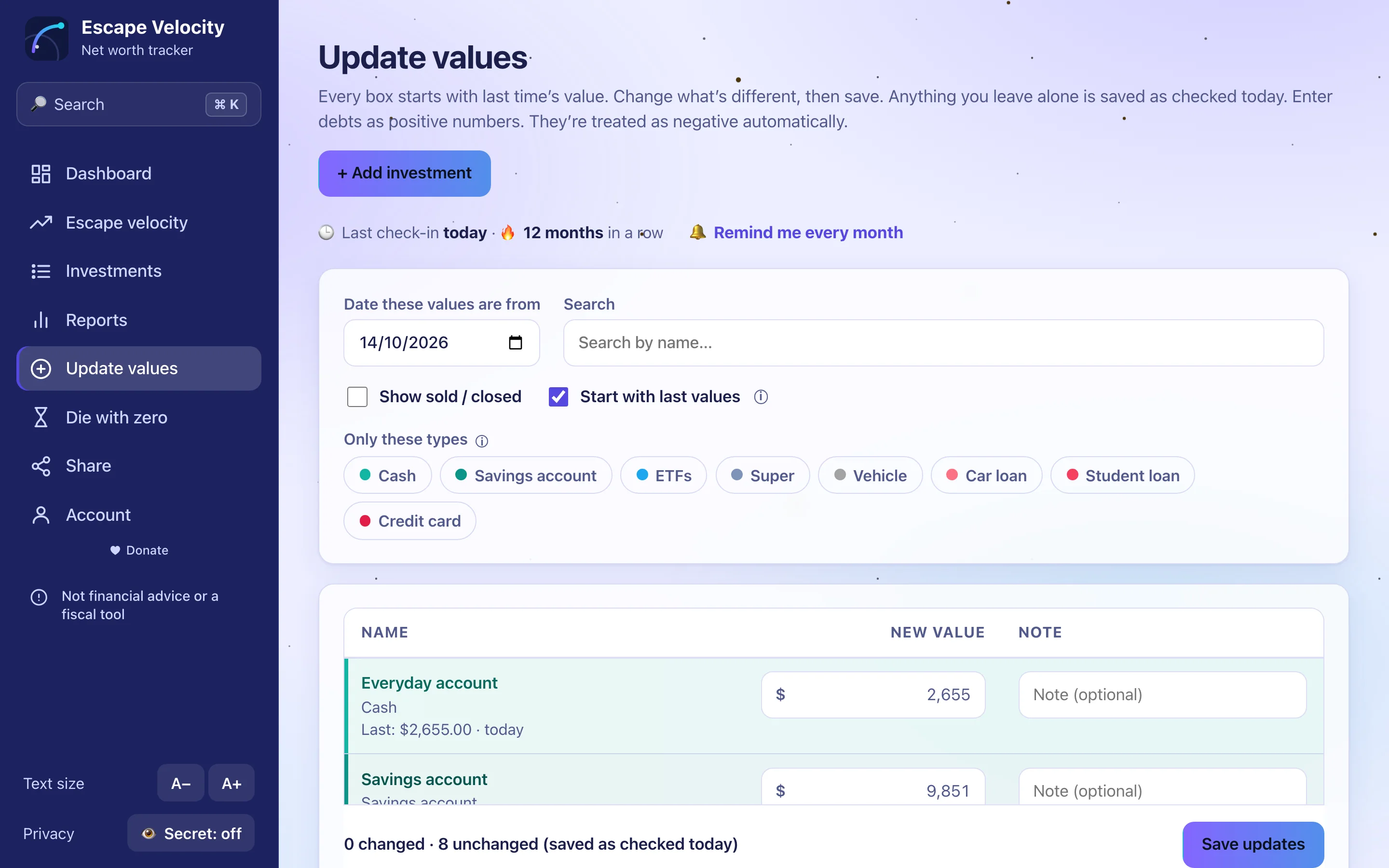 The monthly check-in: every investment listed with last month’s value in the box, ready to update.