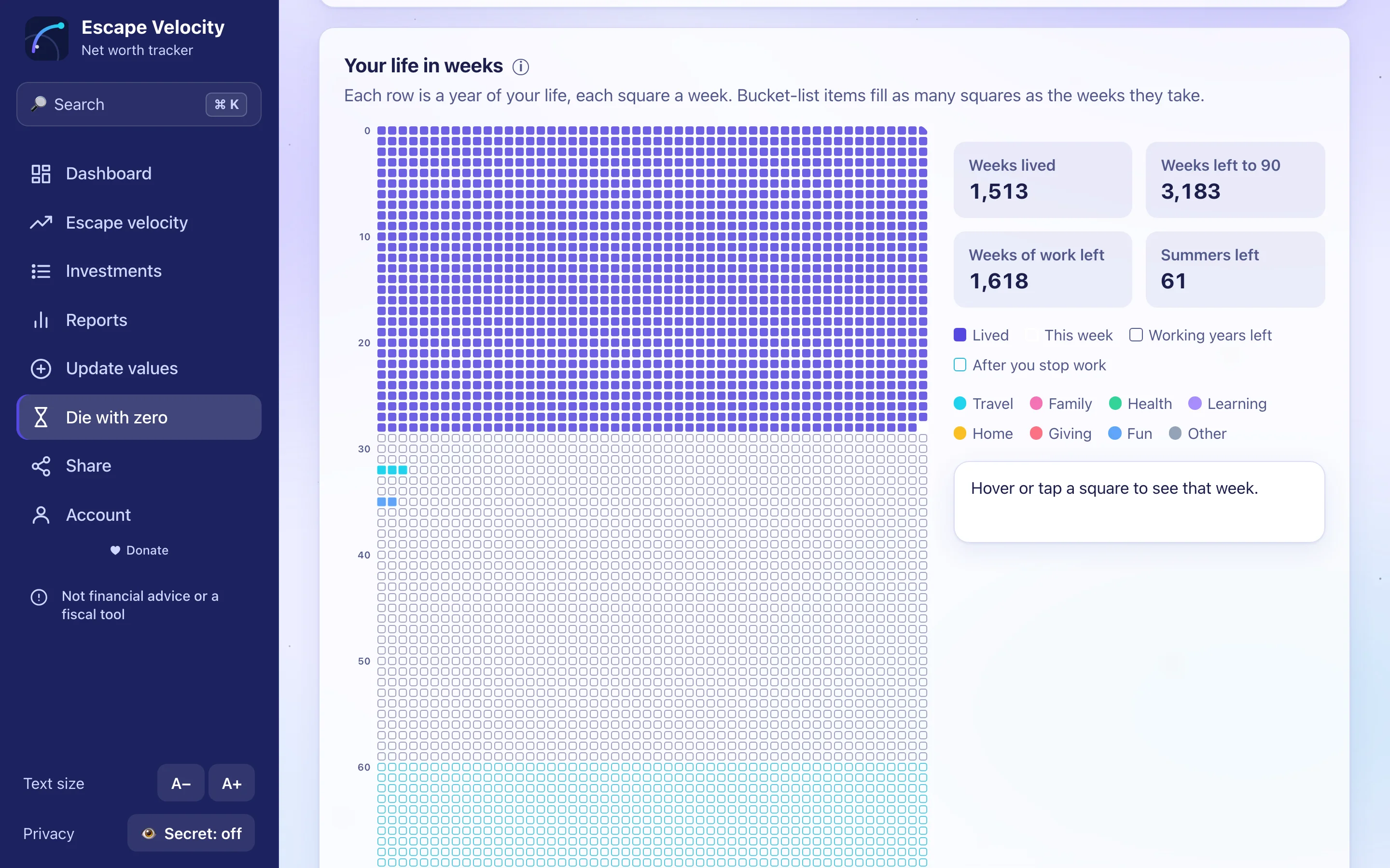 Your life in weeks: a grid with one square for each week, lived weeks filled in and bucket-list weeks coloured.