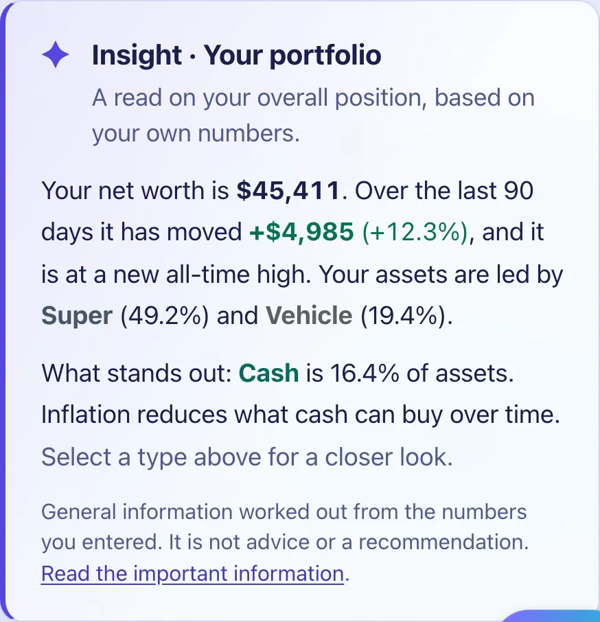 The Insight card: a read on your overall position in plain sentences, with a note that it is general information.