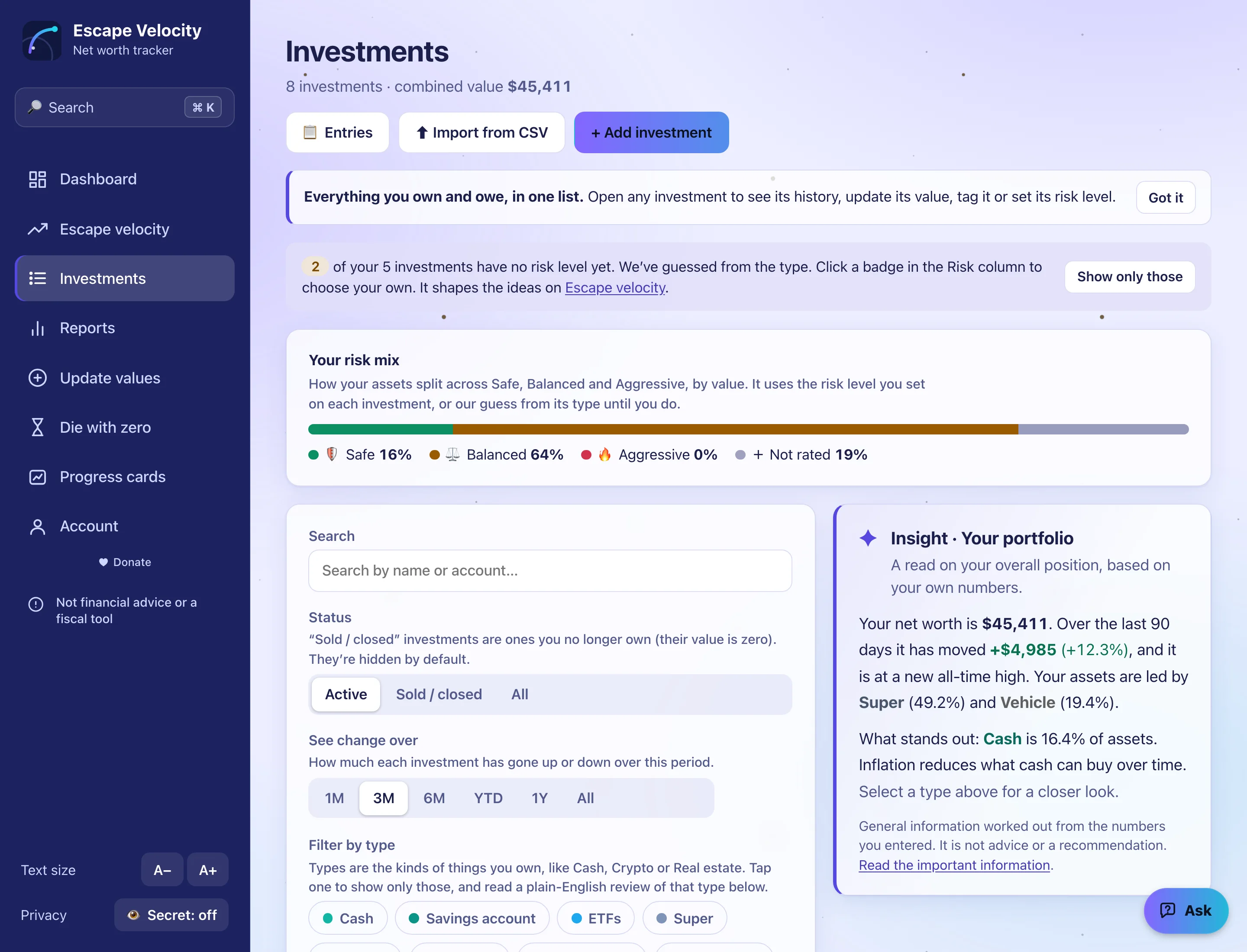 The Investments page with the Insight card above the investments table.