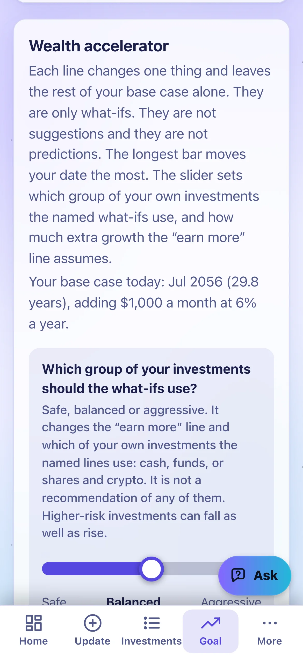 The Wealth accelerator on a phone, with its bars and what-if lines.