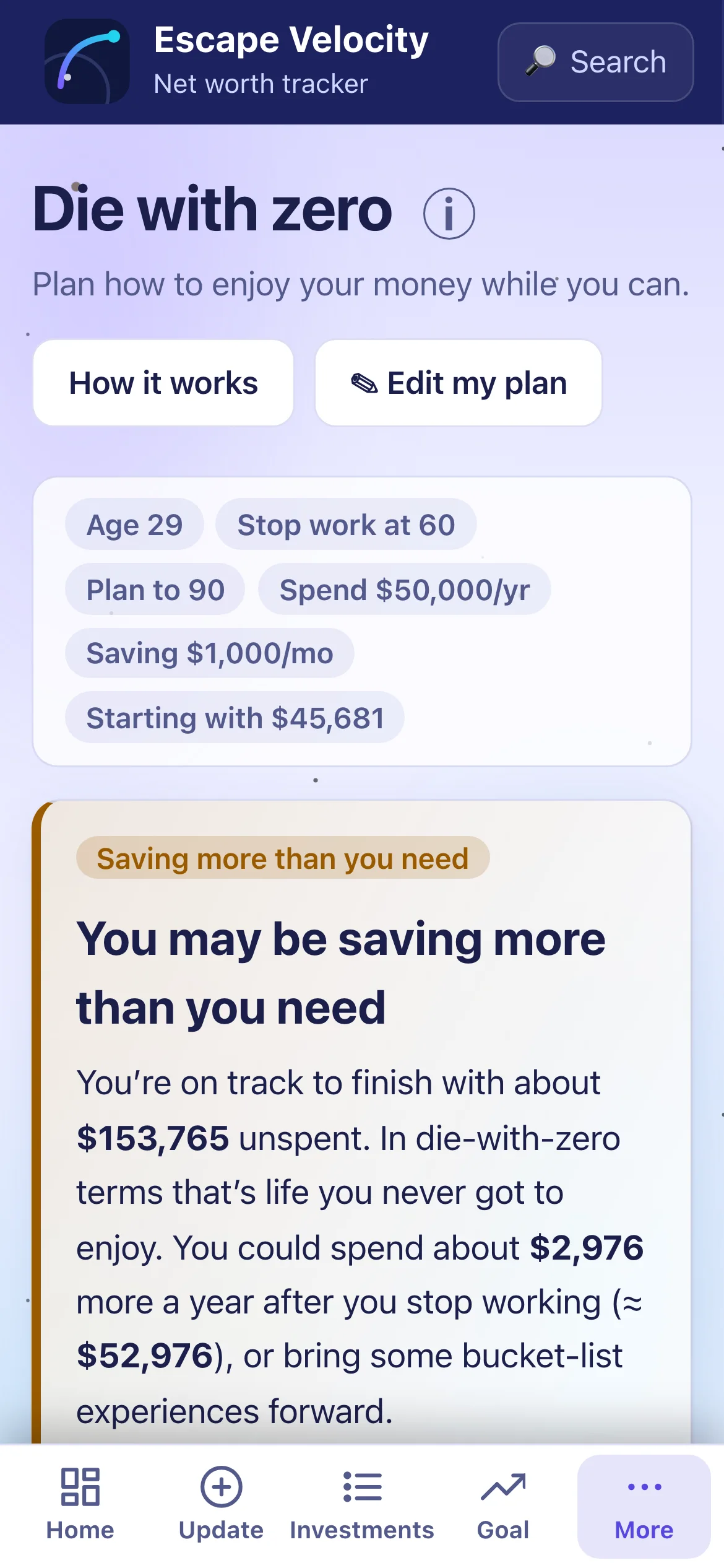 The Die with zero page on a phone.