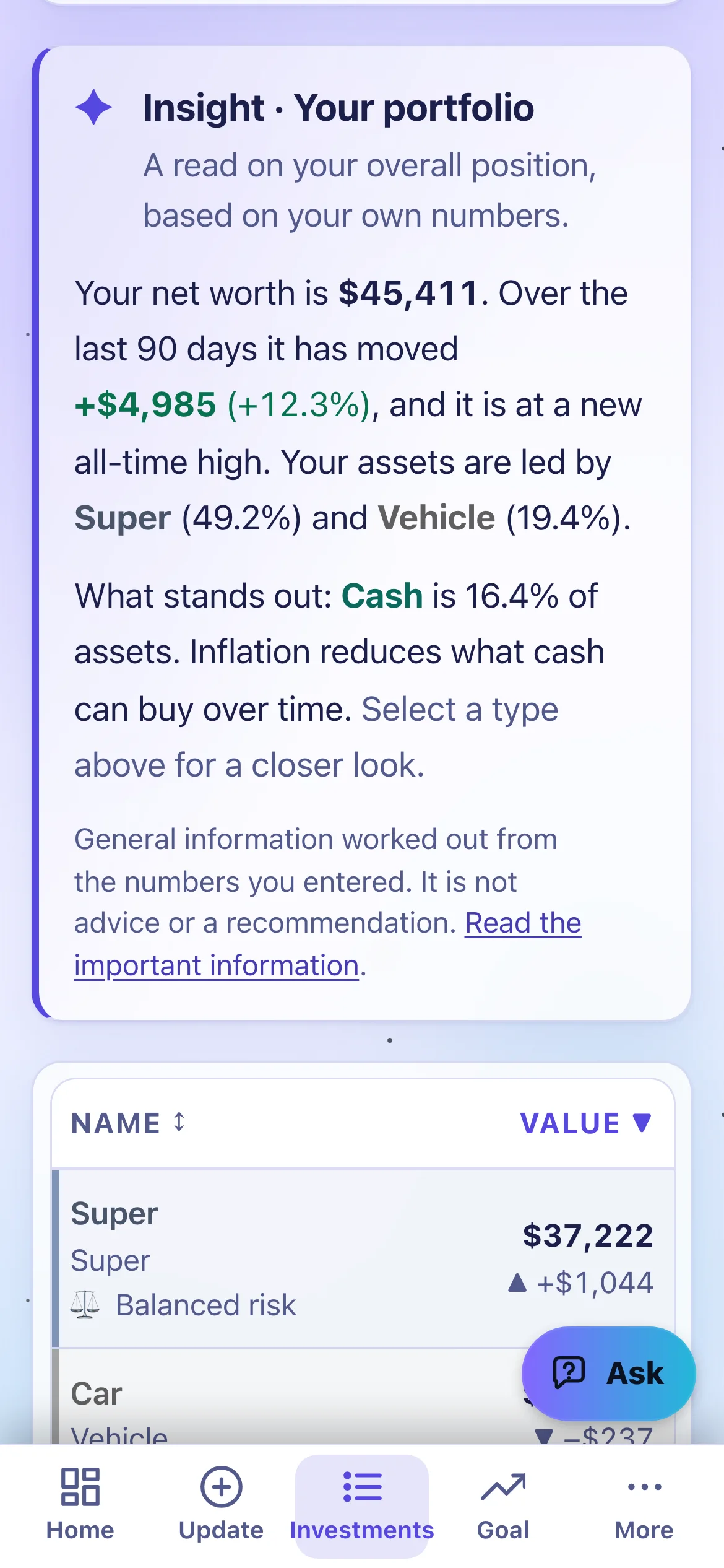 The Investments page on a phone with the Insight card.