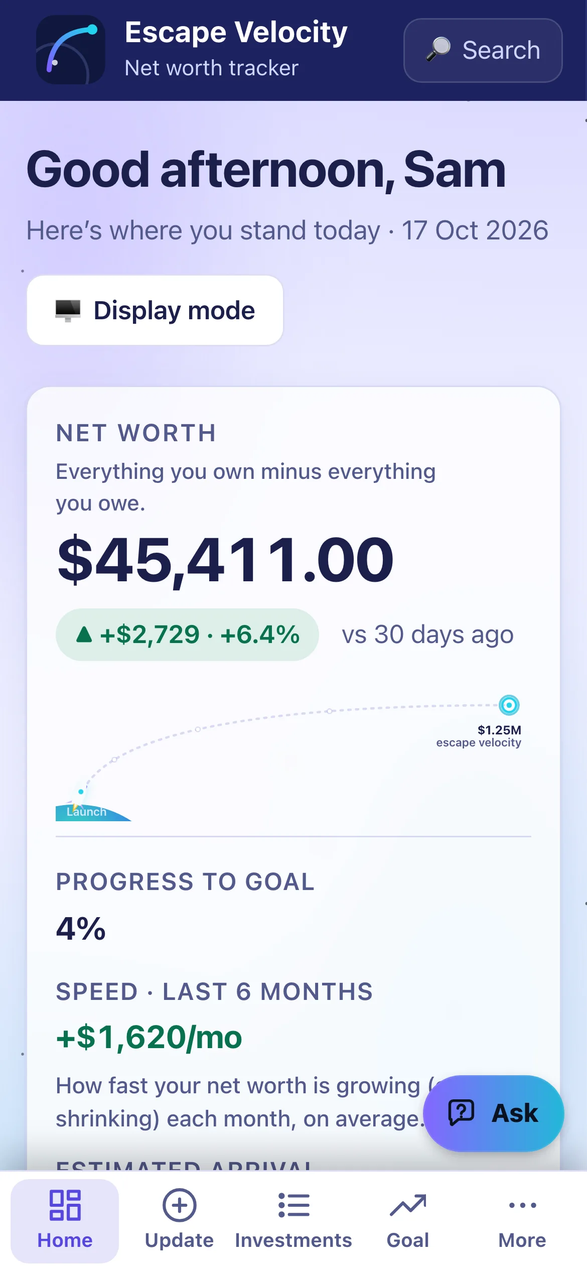 The dashboard on a phone: net worth, progress to goal and the tiles.
