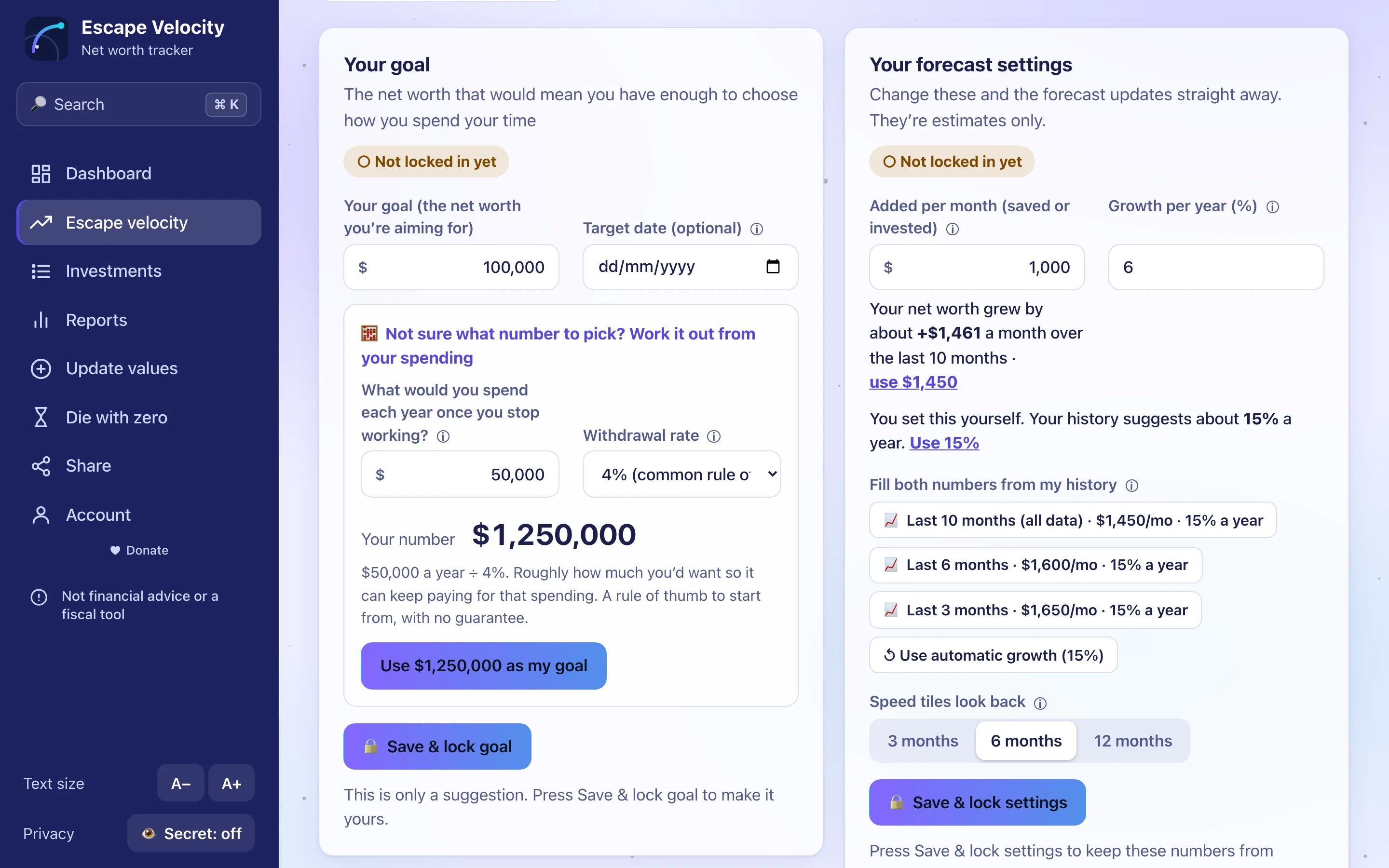 The work-out-your-number panel on the Escape velocity page: $50,000 a year divided by 4% gives $1,250,000.