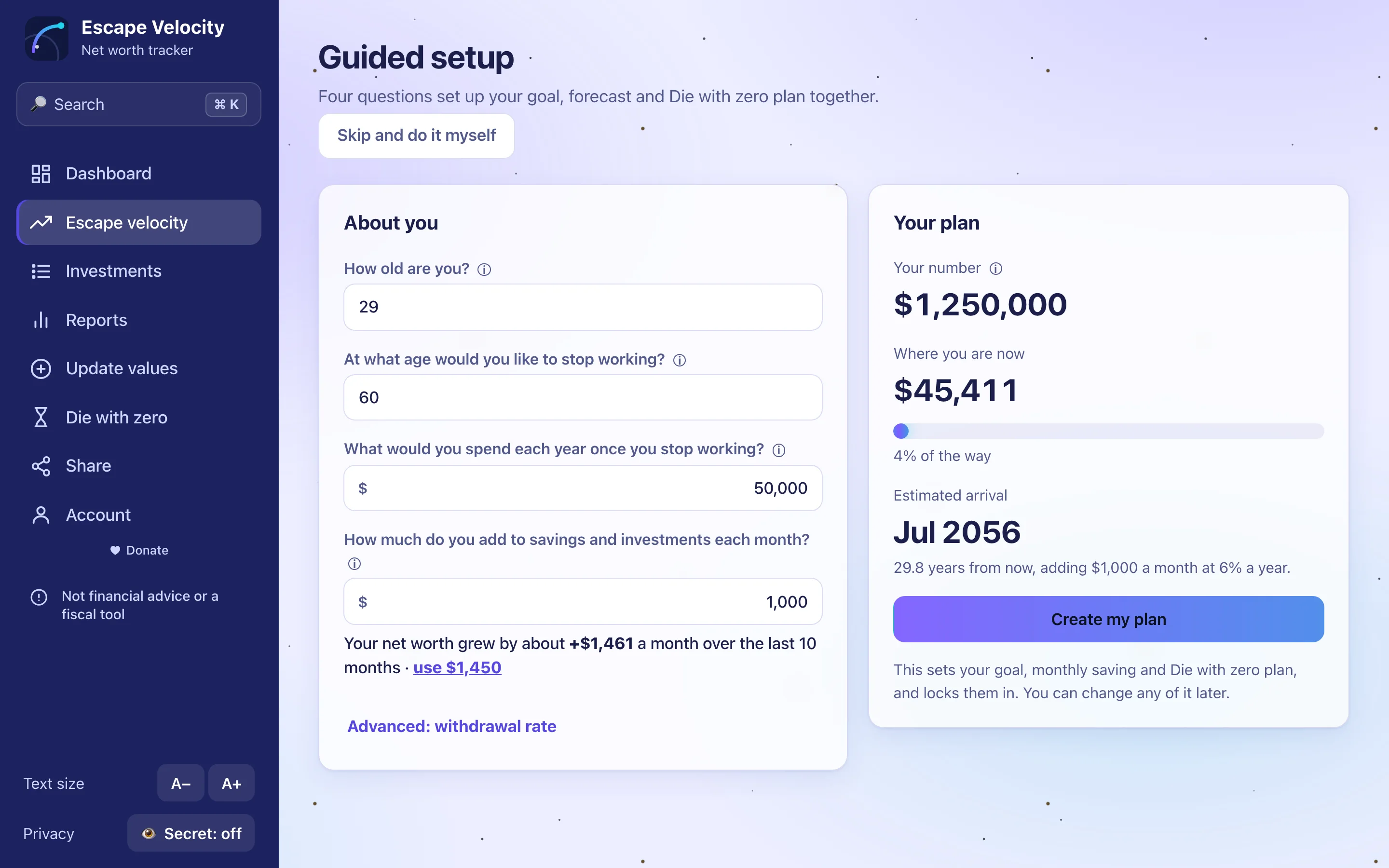 The guided setup page: four questions on the left, and a plan on the right with a $1,250,000 number and an estimated arrival.