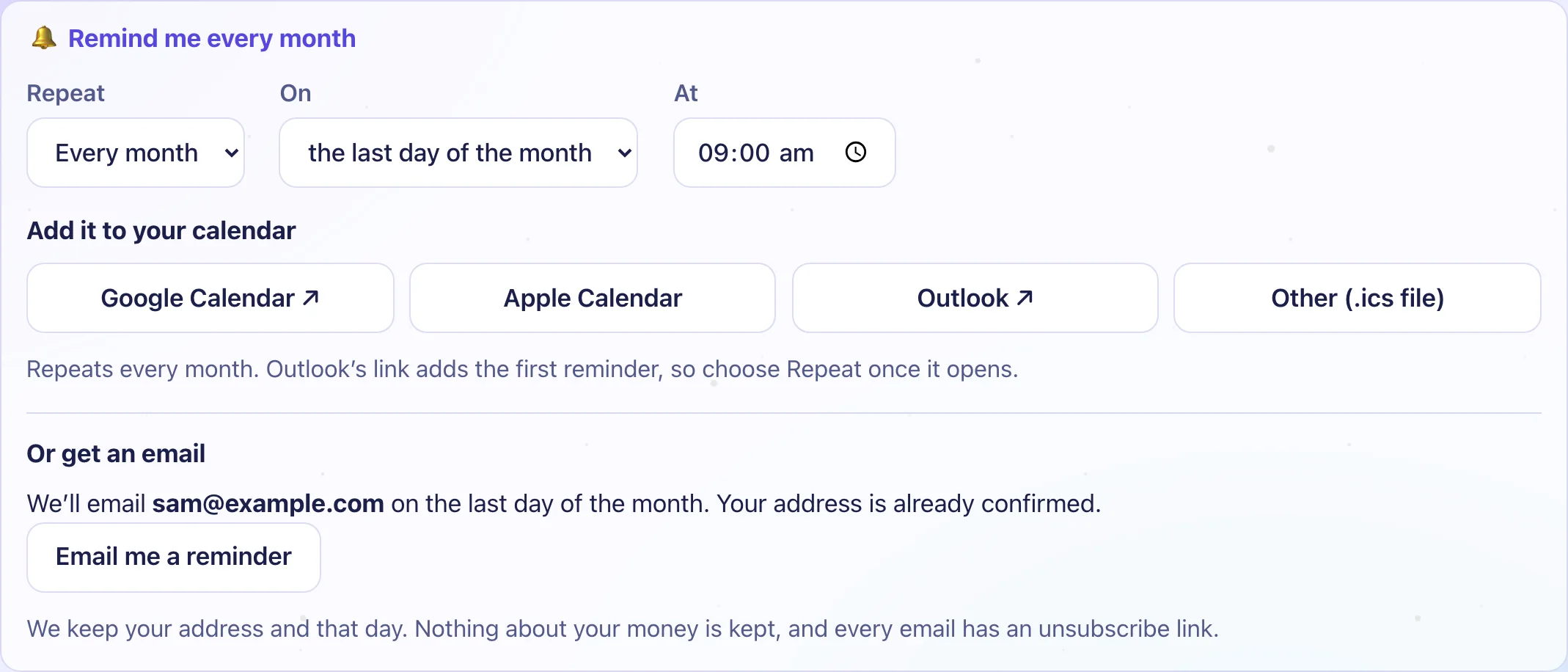 The Remind me every month panel with day and time pickers and buttons for Google Calendar, Apple Calendar, Outlook and a calendar file, then an Or get an email choice with an Email me a reminder button.