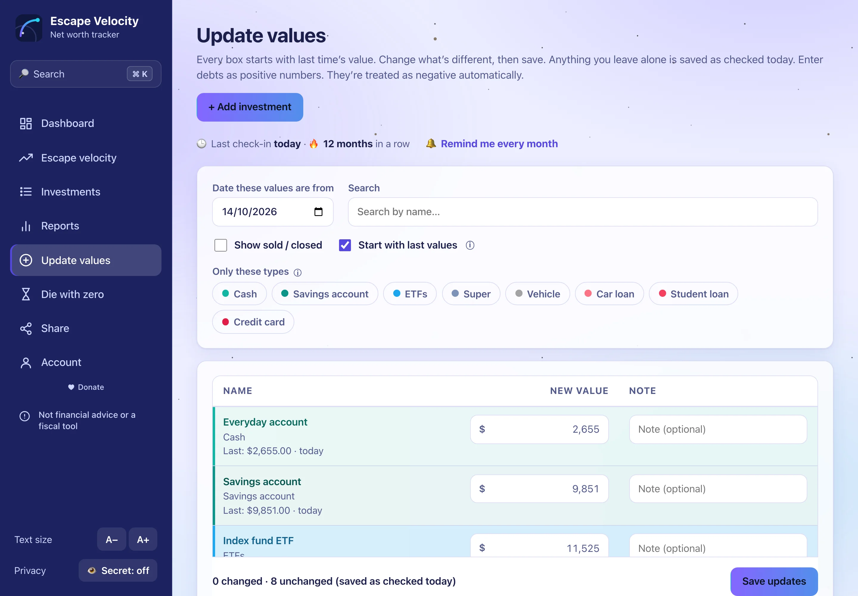 The Update values page after saving, with every investment listed and its new value.