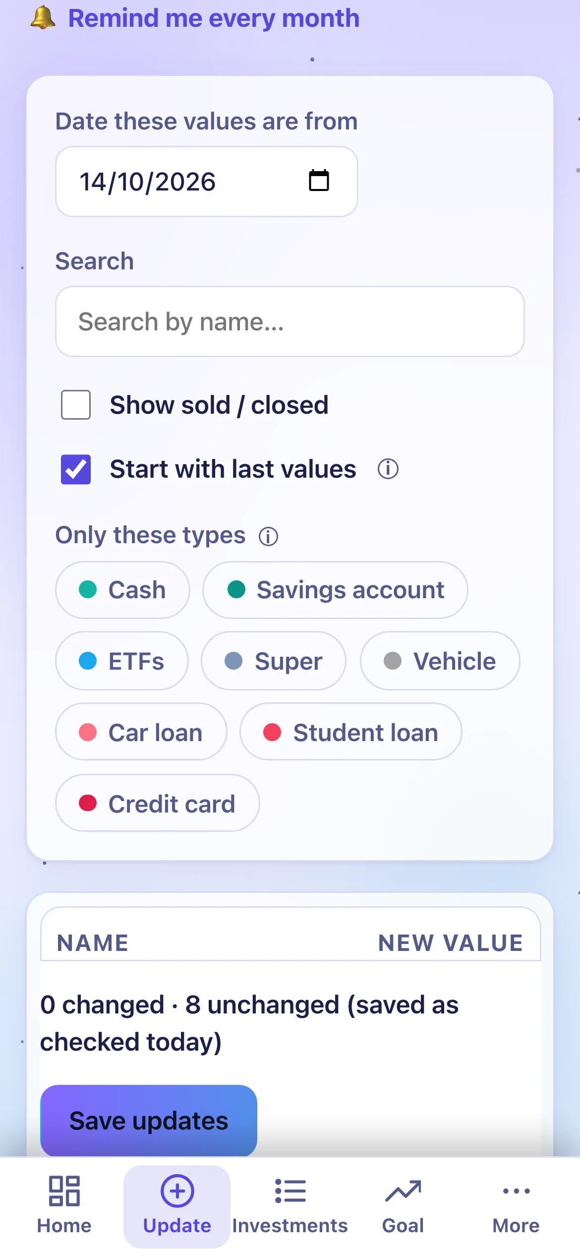 The Update values page on a phone, scrolled to the investments and their boxes.