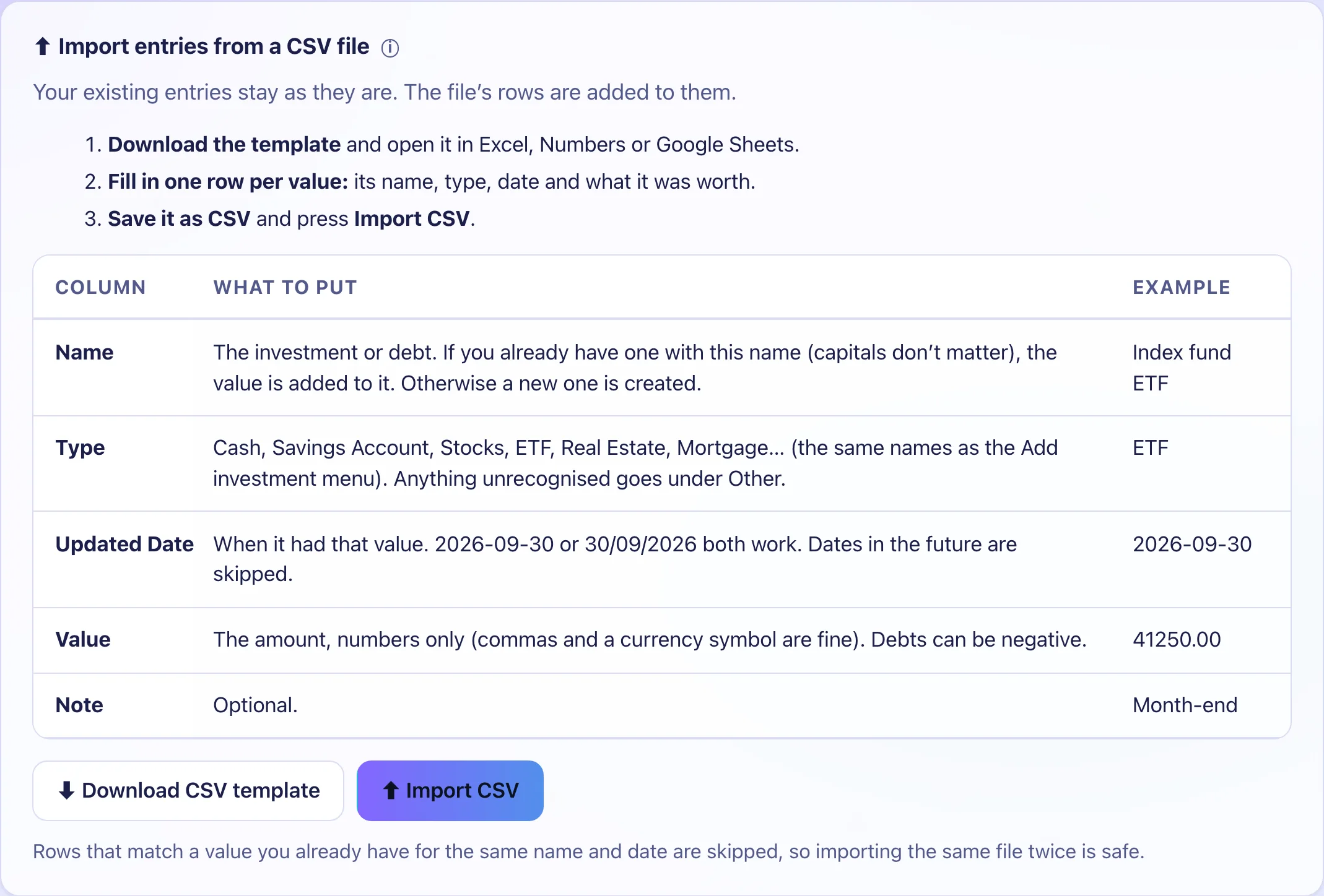 The import panel with three numbered steps and a table of the CSV columns.
