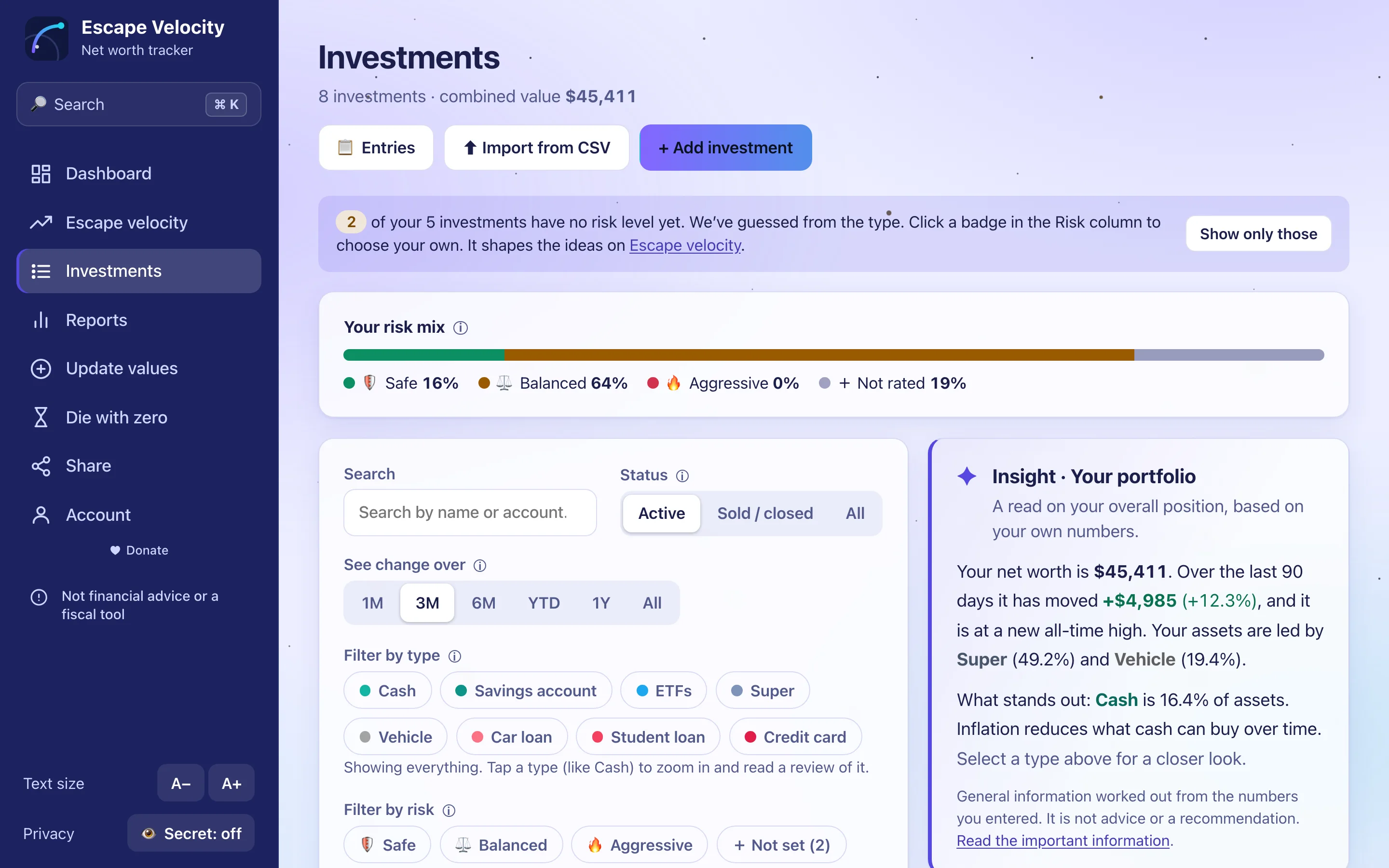 The Investments page showing a risk mix bar and an Insight card that describes your numbers.