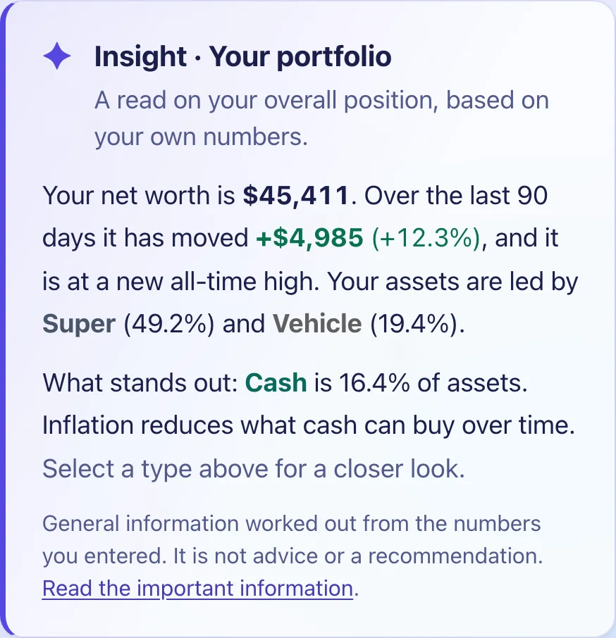 The Insight card on the Investments page, describing the numbers in plain English.