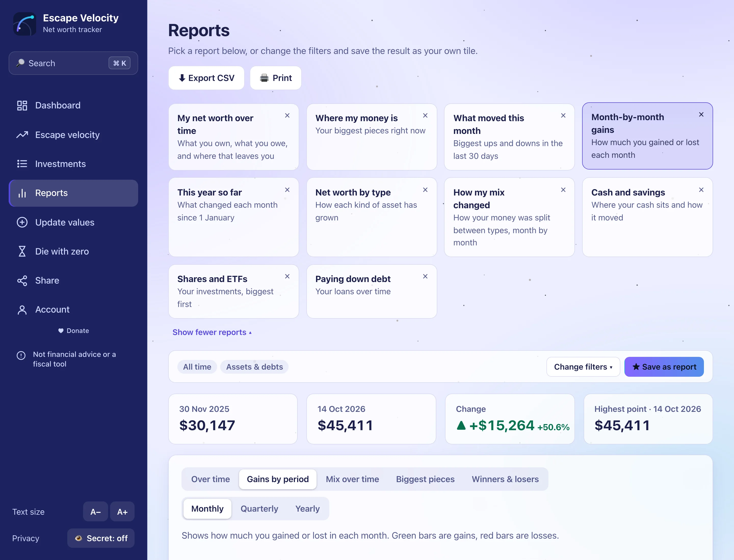 The Reports page with starter tiles and a chart of monthly gains.
