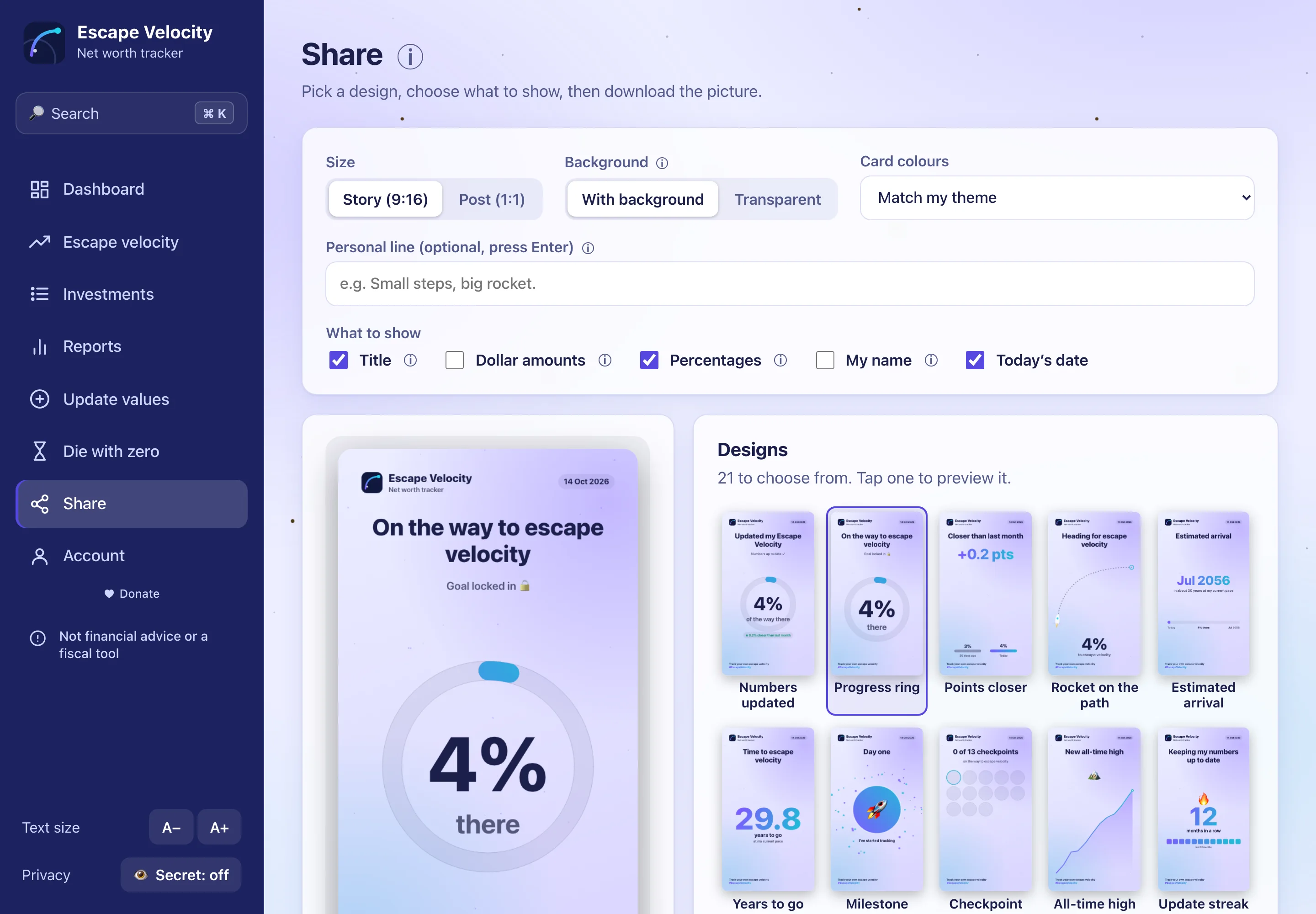 The Share page: a story-sized card preview beside a gallery of designs.