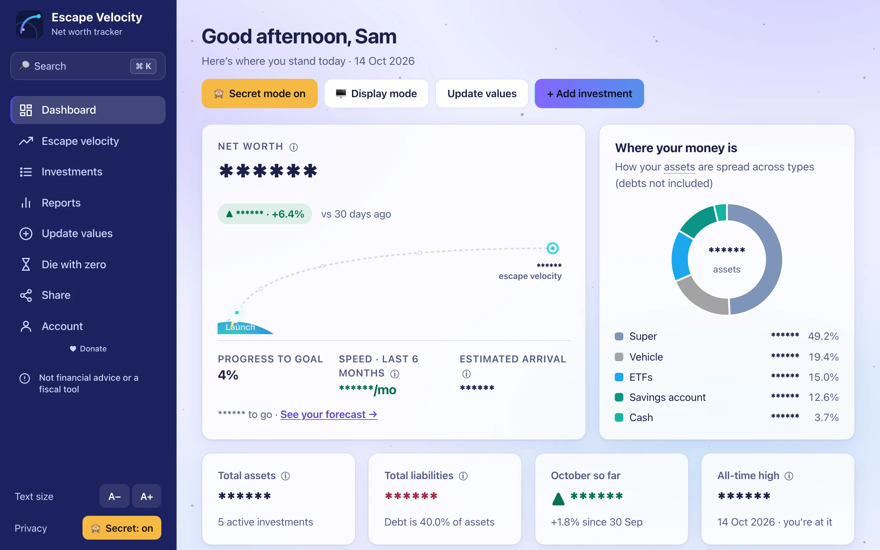 The dashboard with every dollar amount replaced by asterisks and the percentages still showing.