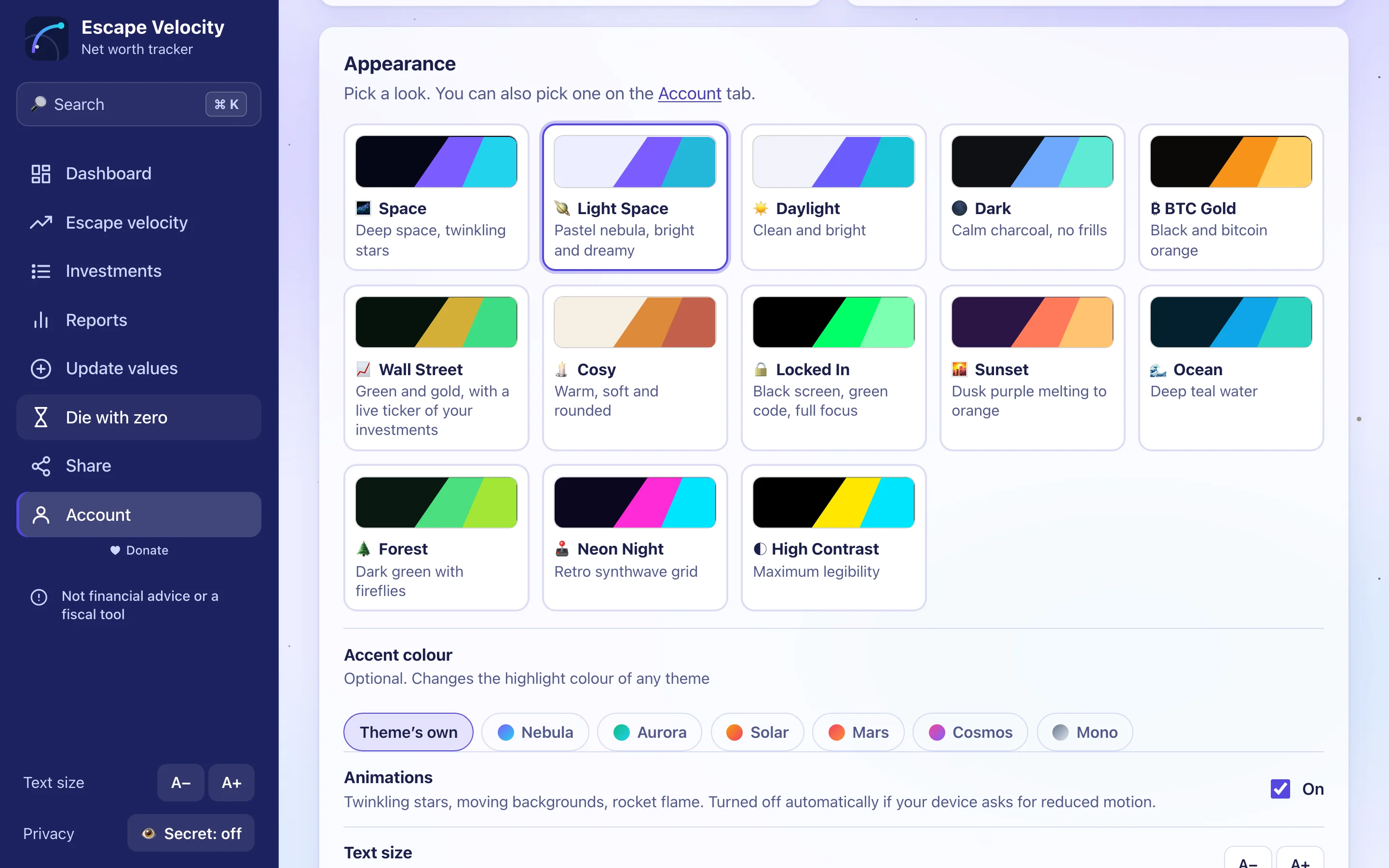 The Appearance settings with 13 theme previews.