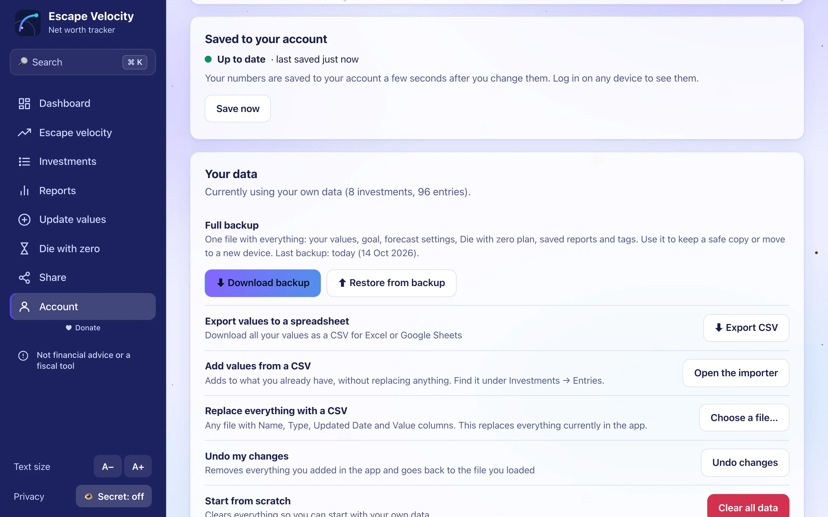 The Settings page with its account and data cards.