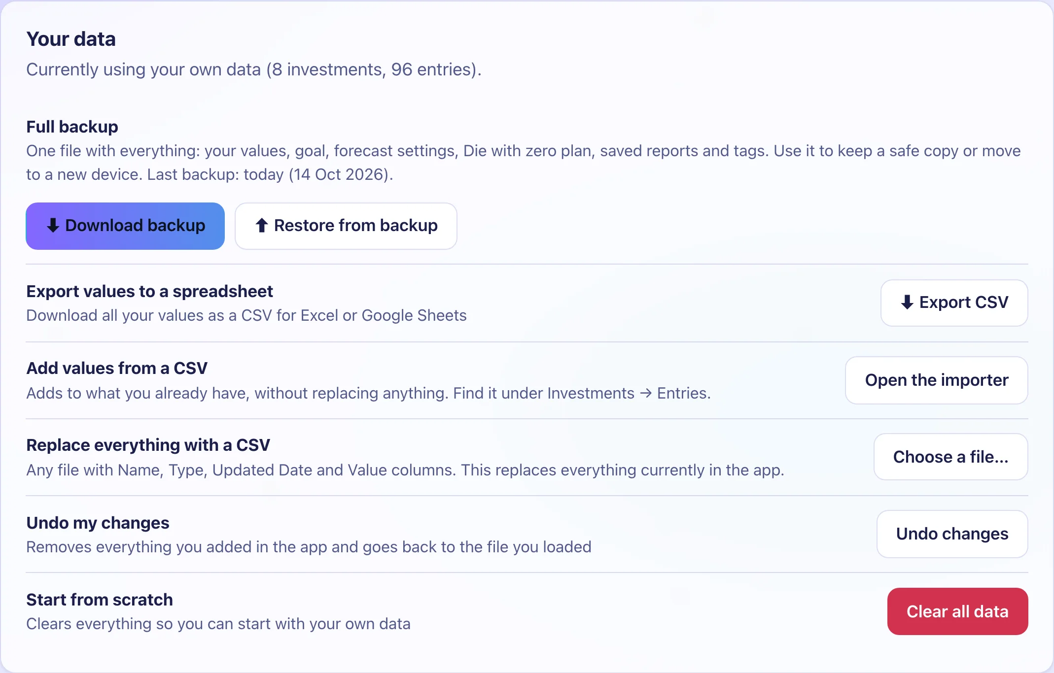 The Your data card with backup, export and restore buttons.