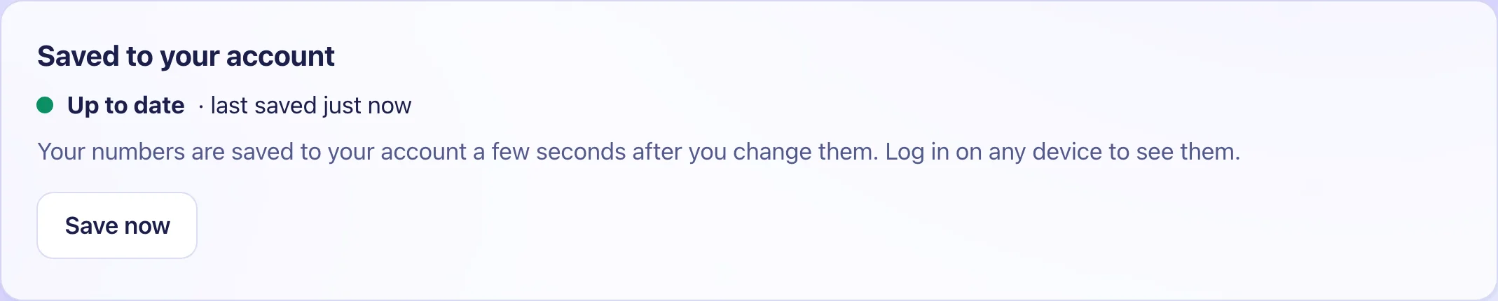 The Settings Saved to your account card showing Up to date and a Save now button.