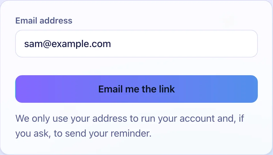 The Create your account form with an email box and an Email me the link button.