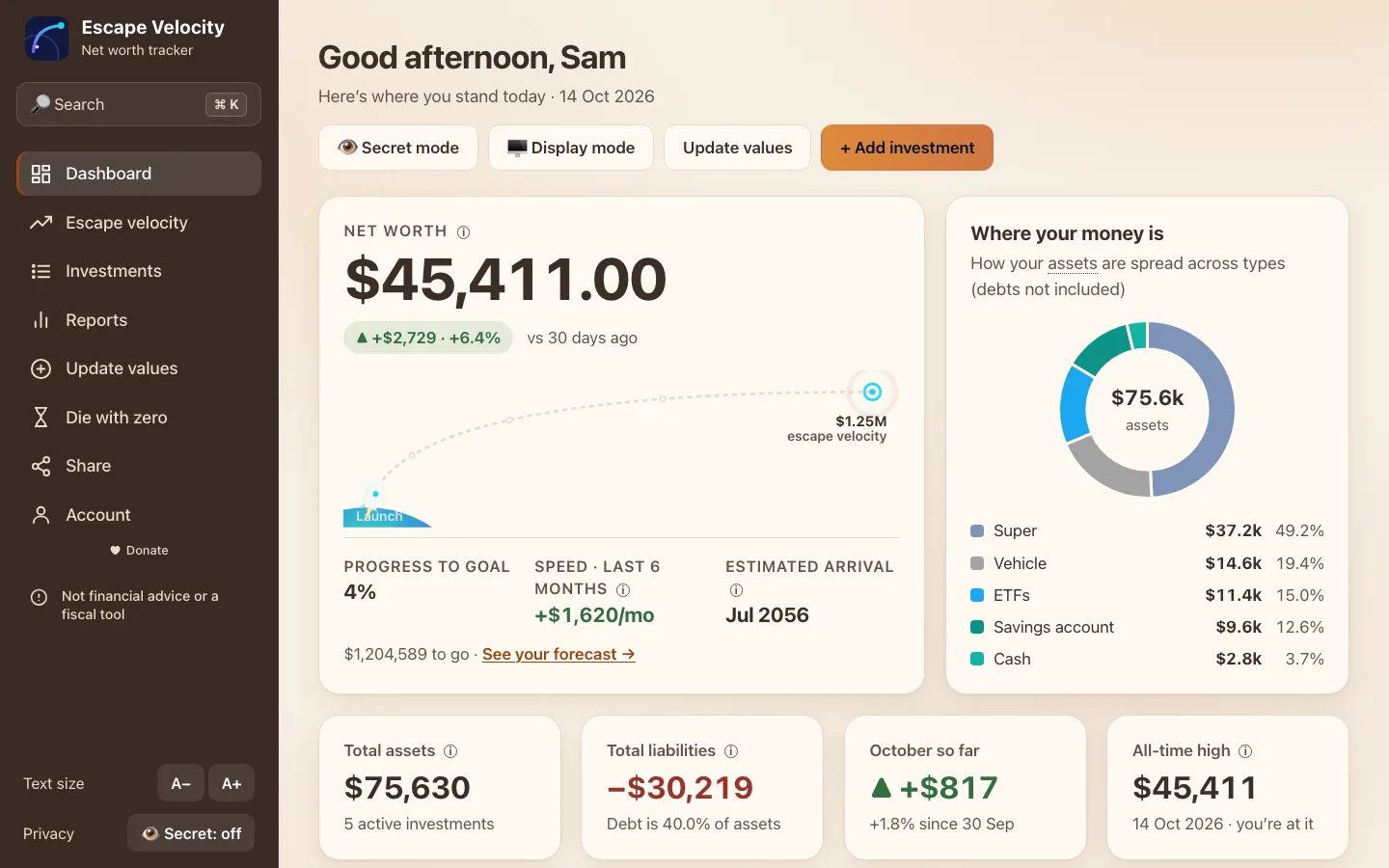 The dashboard in the Cosy theme.
