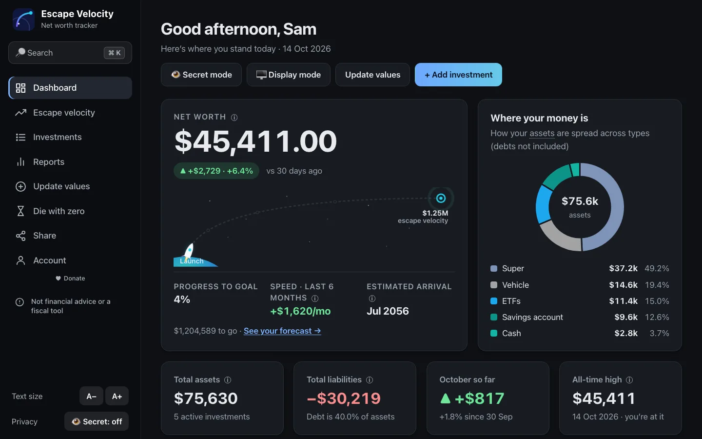 The dashboard in the Dark theme.