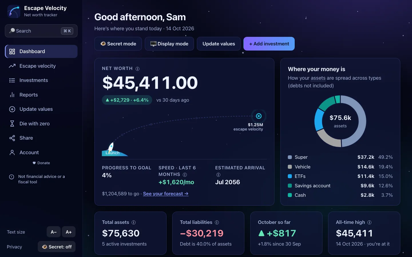 The dashboard in the Space theme.